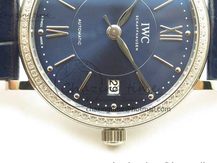 MIROTIME 1224 Portofino 37mm SS V7F 1:1 Best Edition Blue Dial Diamonds Bezel on Blue Leather Strap A Chic 7093